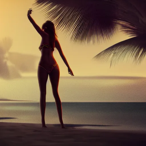 Prompt: a photorealistic hyperrealistic, girl in bikini on the beach, dressed, beautiful dynamic dramatic low - light moody lighting, cinematic atmosphere, concept design art, trending on artstation, 8 k