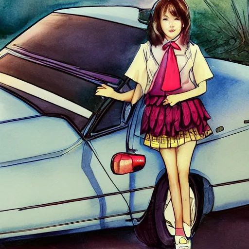 Image similar to a perfect, realistic professional digital sketch of two Japanese schoolgirls posing and 80s car, in style of Marvel, full length, by pen and watercolor, by a professional American senior artist on ArtStation, a high-quality hollywood-style sketch, on high-quality paper