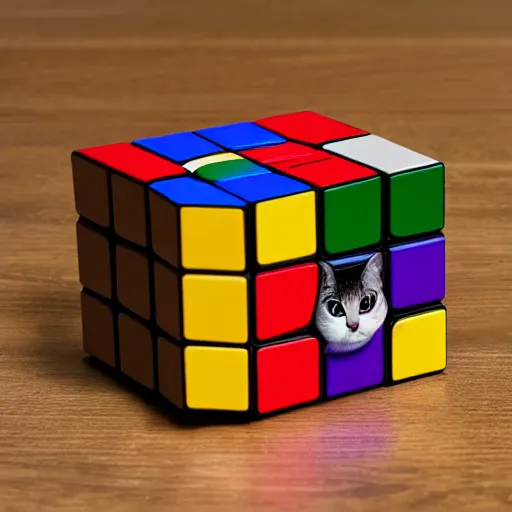Prompt: a rubik cube shaped as a cat, 4 k product photo