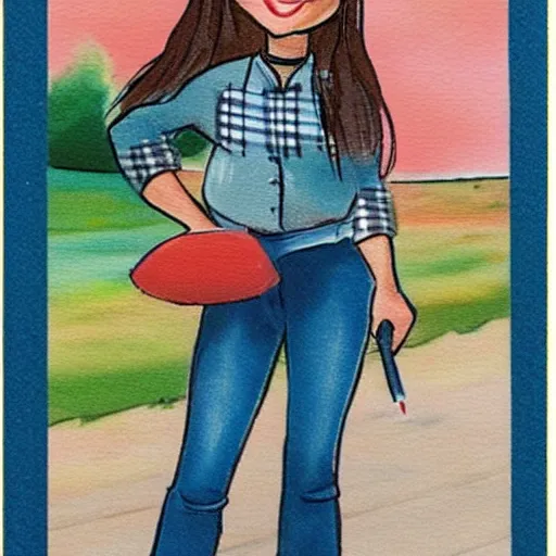 Image similar to cute girl wearing plaid and blue jean rolled up to her knees, she has her hand on a very large paint brush, modern cartoon trading card,