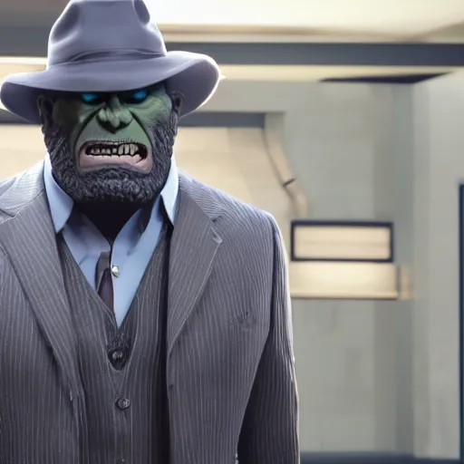 Prompt: a promotional screenshot of Joe Fixit Grey Hulk wearing a pinstripe suit and fedora appearing in Avengers: Infinity War