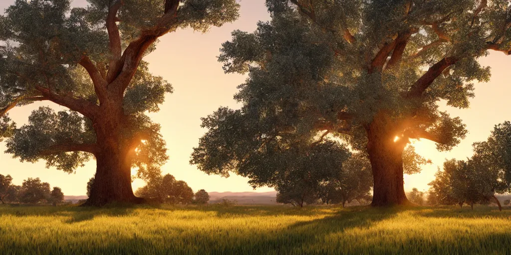 Image similar to gigantic oak tree. sunset landscape. hd. photorealistic. 8 k. octane render.