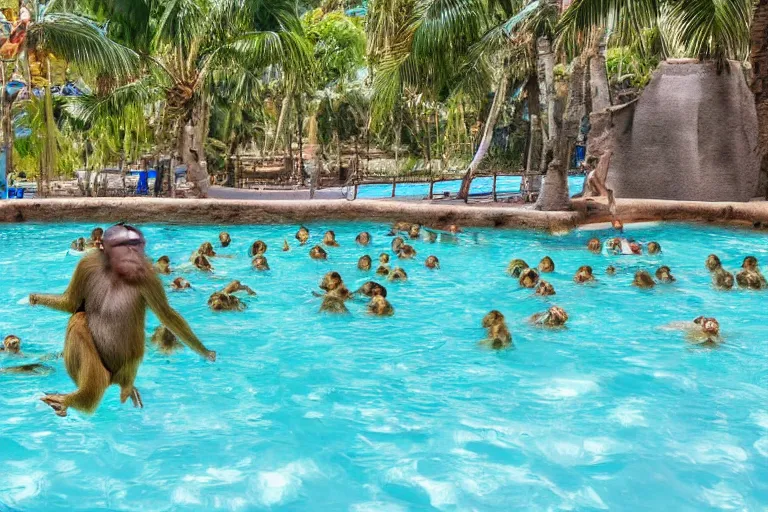 Prompt: Many monkeys swim in a public pool, wearing bathing suits, tropical location, vacation spot