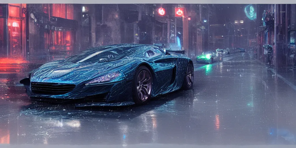 Image similar to full view of a sport car, on wet street at night, painted in dark color holographic pearlescent, elegant, digital painting, concept art, smooth, sharp focus, art style from Wang Ke and Greg Rutkowski and Bruce Kaiser and Scott Robertson and Dmitry Mazurkevich and Doruk Erdem and Jon Sibal