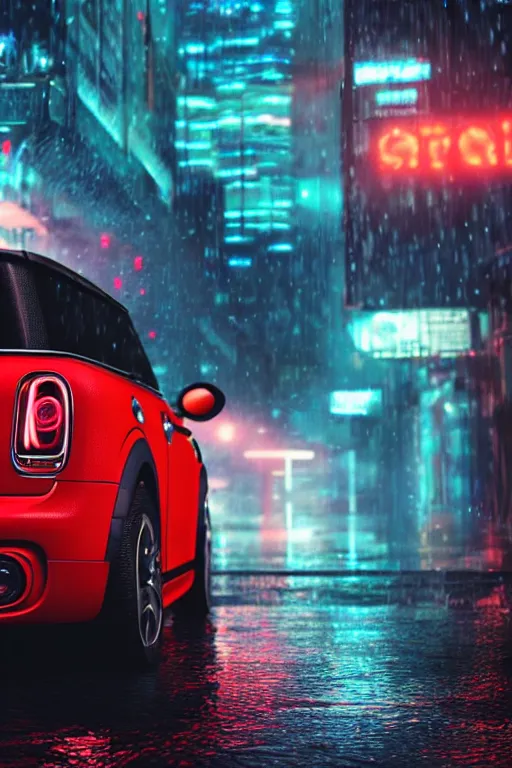 Prompt: Red Mini Cooper S, Futuristic Asian city at night with rain, Cyberpunk style, Neon lights, Matte paiting, cinematic lighting, corona render, smoke, light rays, 8k