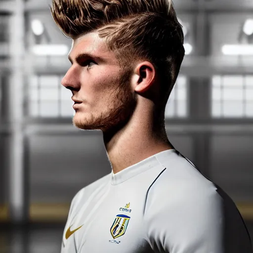 Prompt: a realistic detailed photo of a guy who is an attractive humanoid who is half robot and half humanoid, who is a male android, soccer players timo werner, shiny skin, posing like a statue, blank stare, in a factory, on display, showing off his muscles, gold soccer shorts, side view, looking at each other mindlessly