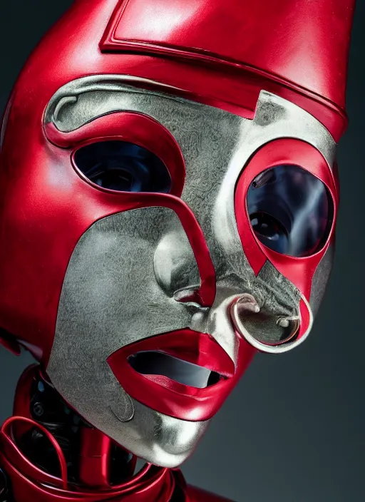 Image similar to a fashion portrait photograph of a robot head art directed by Alexander McQueen, red color palette, 35mm, pentax, studio lighting