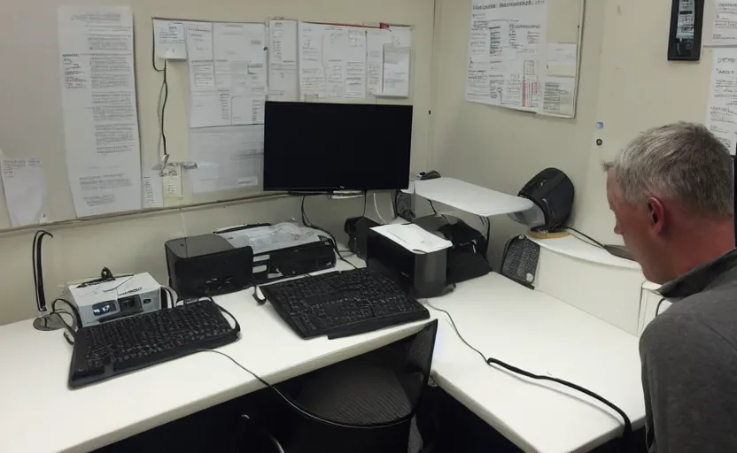 Image similar to looking over a man sitting by desk talking into tannoy system. low lit radio booth, one single lamp, keyboard, door to lab, sweaty. strange