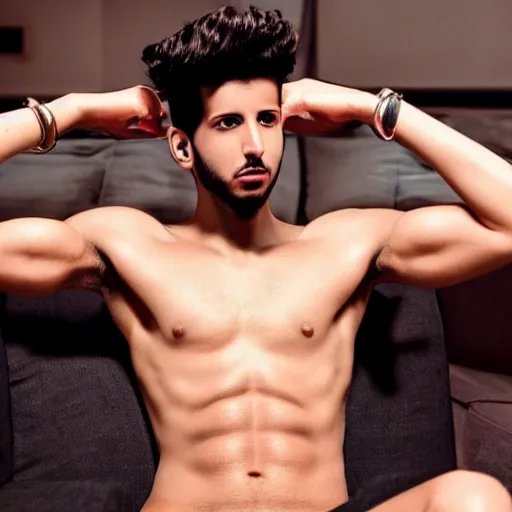 Image similar to a realistic detailed photo of a guy who is an attractive humanoid who is half robot and half humanoid, who is a male android, singer sebastian yatra, shiny skin, posing like a statue, blank stare, in a living room, on display, showing off his muscles