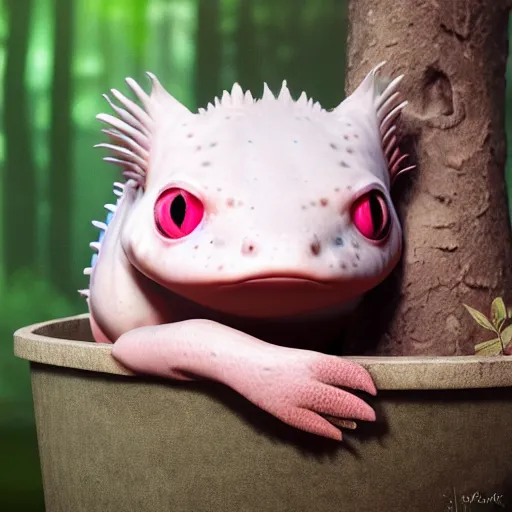 Prompt: cute round face axolotl sitting in a bucket with a forest background, award winning art, trending on artstation, digital art, painting, matte painting, hyper realistic, realism, photography, unreal engine 5, video game