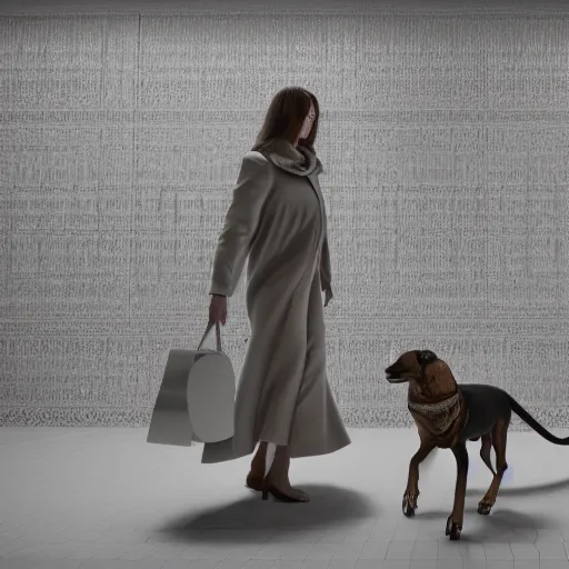 Image similar to Full lenght view contemporary art photography of ultra mega super hyper realistic highly detailed woman with highly detailed face walking with a highly detailed dog . Photo on Leica Q2 Camera, Rendered in VRAY and DaVinci Resolve and MAXWELL and LUMION 3D, Volumetric natural light