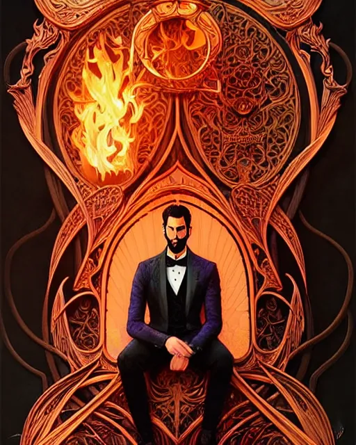 Image similar to tom ellis ( lucifer ) portrait sitting in a burning chair, art nouveau, fantasy, intricate flower designs, elegant, highly detailed, sharp focus, art by artgerm and greg rutkowski and wlop