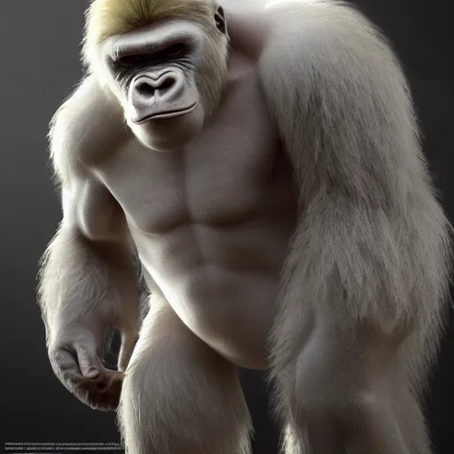 Image similar to angry tough albino gorilla. interesting 3 d character concept by square enix, game art, hyper detailed, character modeling, cinematic, final fantasy, video game character concept, ray tracing, fur details, maya, c 4 d