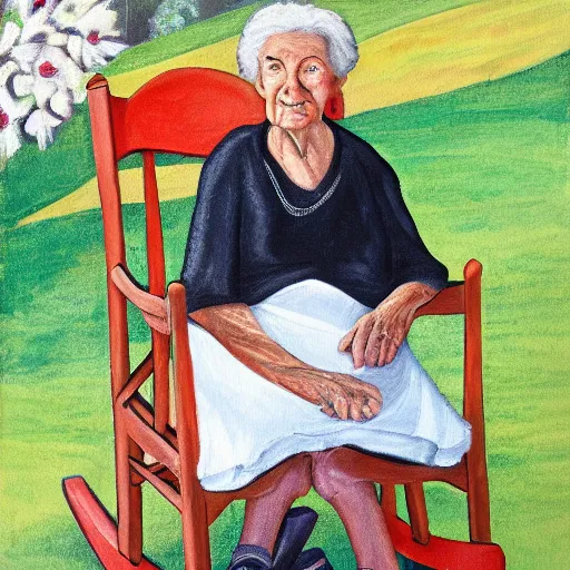 Image similar to painting of an elderly woman sitting in a rocking chair on a porch, appalachian folk art