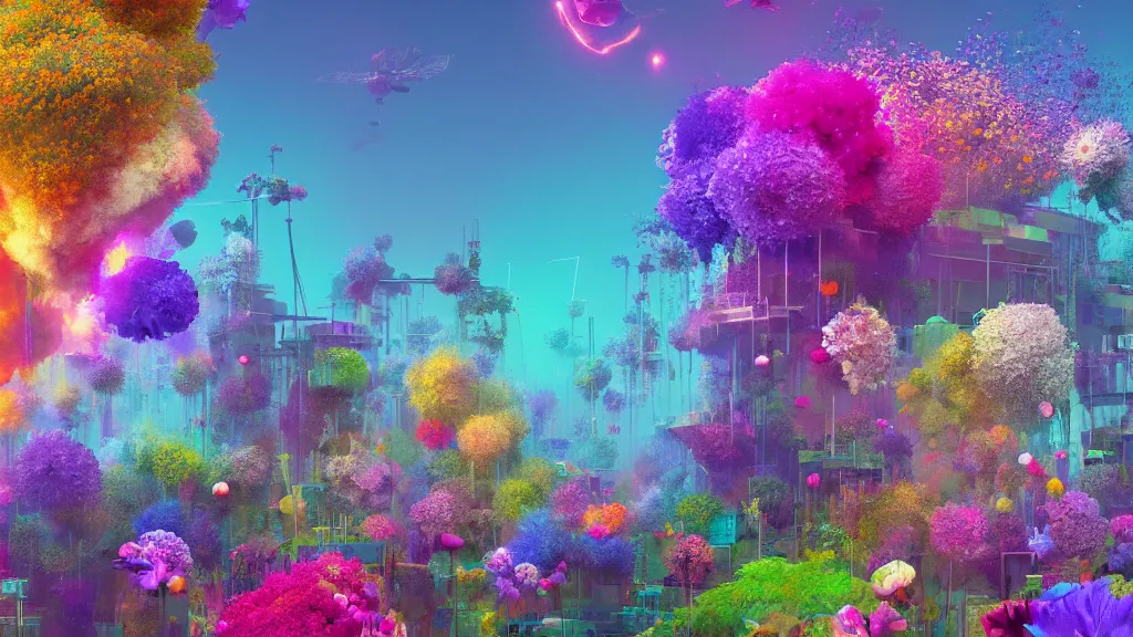 Image similar to highly detailed illustration of an explosion of all known species of flowers by beeple, 4 k resolution, realistic colors