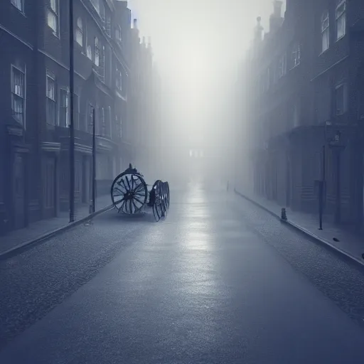 Image similar to Misty Victorian London street at night, gas lanterns, horse drawn carriages, heavy mist, soft lighting, realistic octane render, 8k