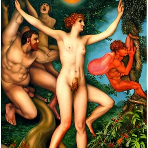 Prompt: eve starjumping in the garden of eden , with god blushing, hyper realism - n 5