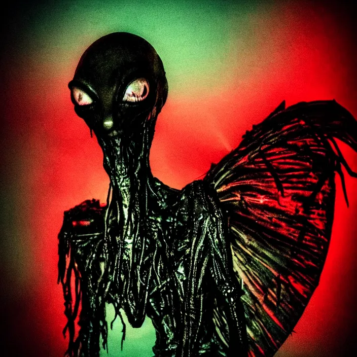 Image similar to a dark artistic photo of an alien creature with crazy wings, liminal eerie midnight backlit, big budget horror, a polaroid photo, bleeding decaying colors!