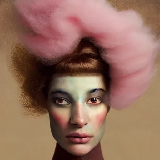 Prompt: a brown woman wearing a candy floss armor. super detailed. layered. textured. award winning. refracted lighting. fragile. by ray caesar. by louise dahl - wolfe, by andrea kowch. surreal photography.