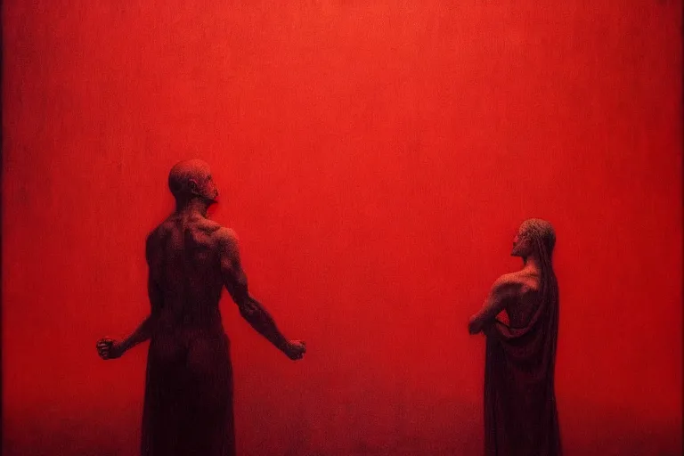 Image similar to only with red, a red angel announce the win, at the gates of a rich renaissance city. inthe background, pathos, in the style of beksinski, part by hopper, part by rodcenko, part by hofbauer, intricate composition, red by caravaggio, insanely quality, highly detailed, masterpiece, red light, artstation