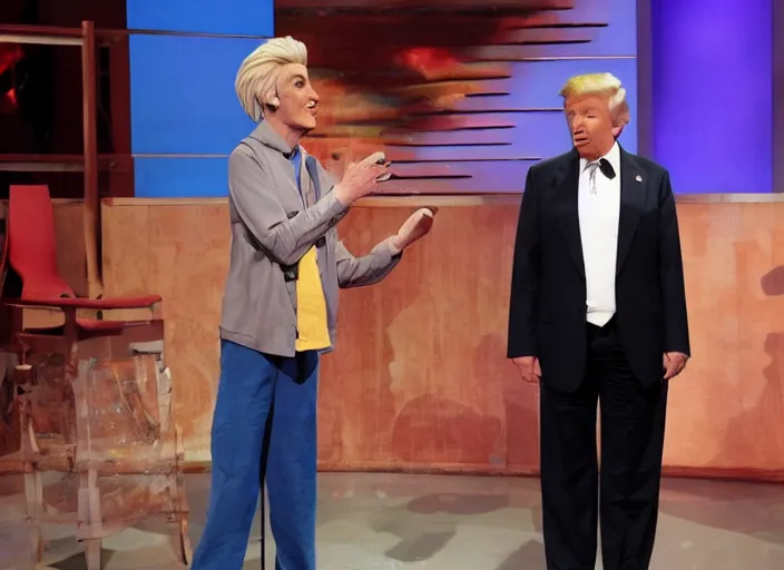 Image similar to dobby donald trump cult initiation ritual on stage stage of the elen degeneres show, detailed facial expression