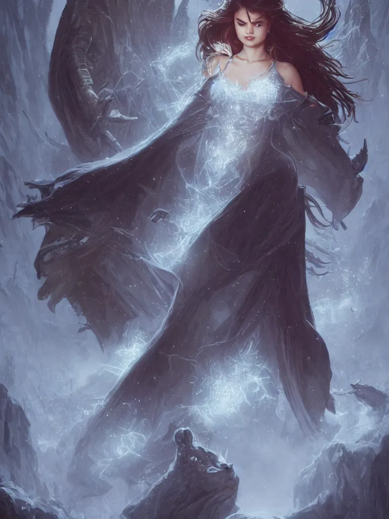 Image similar to Selena Gomez casting an frost spell, D&D, fantasy, intricate, elegant, highly detailed, digital painting, artstation, concept art, matte, sharp focus, illustration, hearthstone, art by Artgerm and Greg Rutkowski and Alphonse Mucha