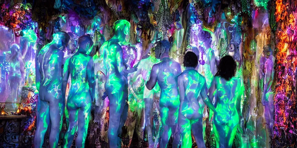 Image similar to love, translucent people with glowing body paint, from behind, rebirth, wide angle, cinematic atmosphere, elaborate, highly detailed, dramatic lighting