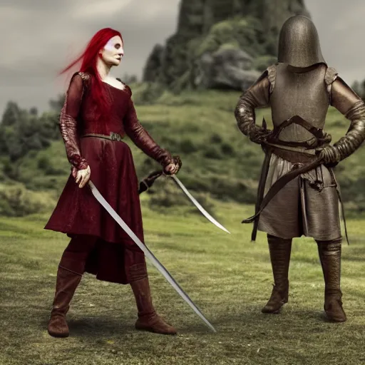Prompt: red haired women medieval holding sword men in background contemporary