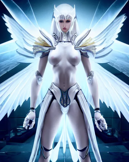 Image similar to perfect white haired attractive egyptian goddess with huge white dove wings, warframe armor, beautiful, symmetric, dreamy, half asian, pretty face, blue eyes, detailed, scifi platform, laboratory, experiment, 4 k, ultra realistic, epic lighting, android body, illuminated, cinematic, masterpiece, art by akihito tsukushi, voidstar