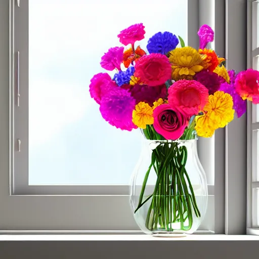 Prompt: a vase with a colorful and beautiful flower arrangement, placed on the windowsill. through the window you can see the beautiful city. noon. beautiful lighting, 4 k post - processing, trending in art station, cg society, highly detailed, 5 k extremely detailed, 3 d. cinematic scene.