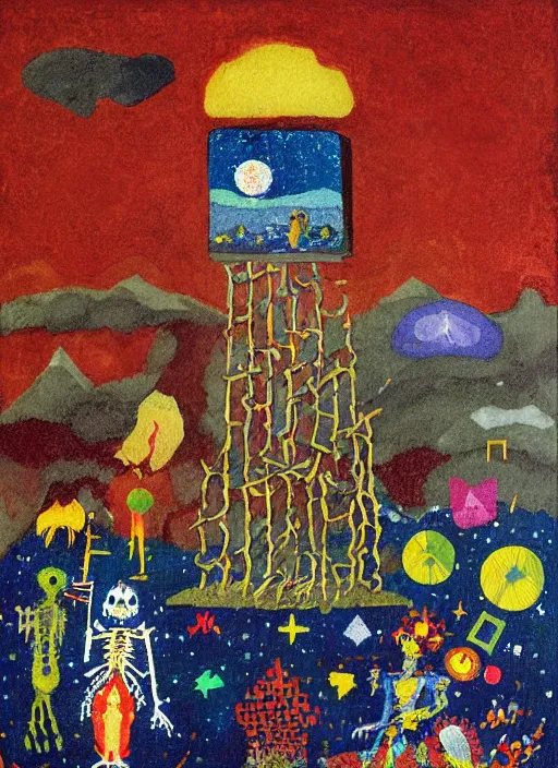 Image similar to pixel decollage painting tarot lovers card composition tower of babel road red armor maggot bear and wonky alien frog skeleton knight on a horse in a dark red cloudy night sky with golden foil jewish stars and diamonds, mountain lake and blossoming field in background, painted by Mark Rothko, Helen Frankenthaler, Danny Fox and Hilma af Klint, pixelated, neo expressionism, semi naive, pastel colors, cinematic, color field painting, cave painting, voxel, pop art look, outsider art, minimalistic. Bill Traylor painting, part by Philip Guston, Amano and Francis Bacon. art by Adrian Ghenie and Storm Thorgerson, very coherent symmetrical artwork, cinematic, hyper realism, high detail, octane render, unreal engine, Smooth gradients, depth of field, full body character drawing, extremely detailed, 8k, extreme detail, intricate detail, masterpiece