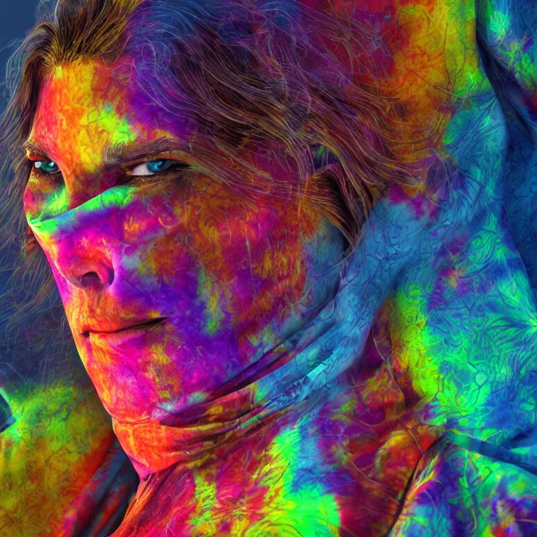 Image similar to octane render portrait by wayne barlow and carlo crivelli and glenn fabry, a woman wearing a skintight bright colorful tie - dye bedsheet costume, backlit, dramatic lighting, fog and mist, cinema 4 d, ray traced lighting, very short depth of field, bokeh