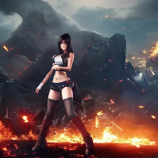 Image similar to a giant tifa from final fantasy 7 remake destroying a city like godzilla while smiling, digital art, octane render, award winning, very detailed, full body portrait, 3d render, detailed facial expressions, destroyed city, destruction, fire, video game art, no text