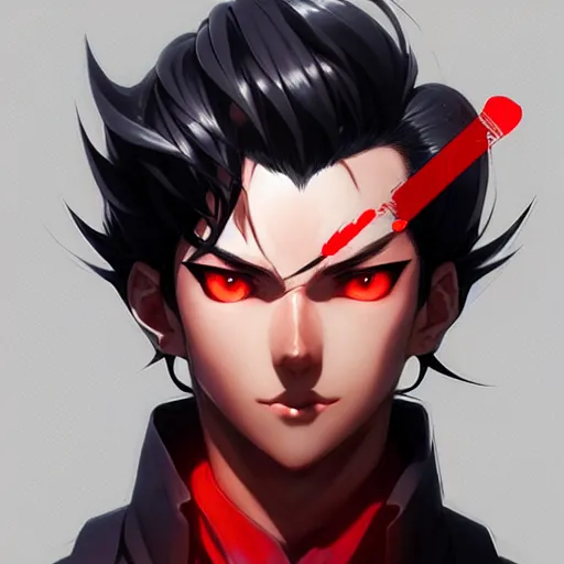 Image similar to anime portrait of a slick black hair guy with red eyes by stanley artgerm lau, wlop, rossdraws, james jean, andrei riabovitchev, marc simonetti, and sakimichan, trending on artstation