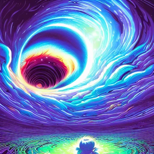 Prompt: Cosmic colorful wormhole, digital matte black paper art by Dan Mumford and by Cyril Rolando, Beautiful epic night fire landscape, art by Dan Mumford, Cyril Rolando, Shawn Coss, Junji Ito, and Jaya Su Berg