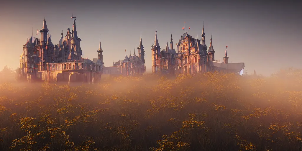 Prompt: a highly detailed photo of a 8 0's techno castle surrounded by a mist shot during golden hour on 3 0 mm film painted by alena aenami, rendered in unreal engine