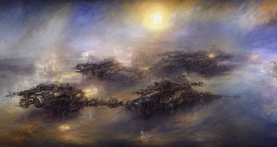 Prompt: Steampunk Mech Robot Airships Fleet before battle. By Joseph Mallord William Turner, fractal flame, highly detailded