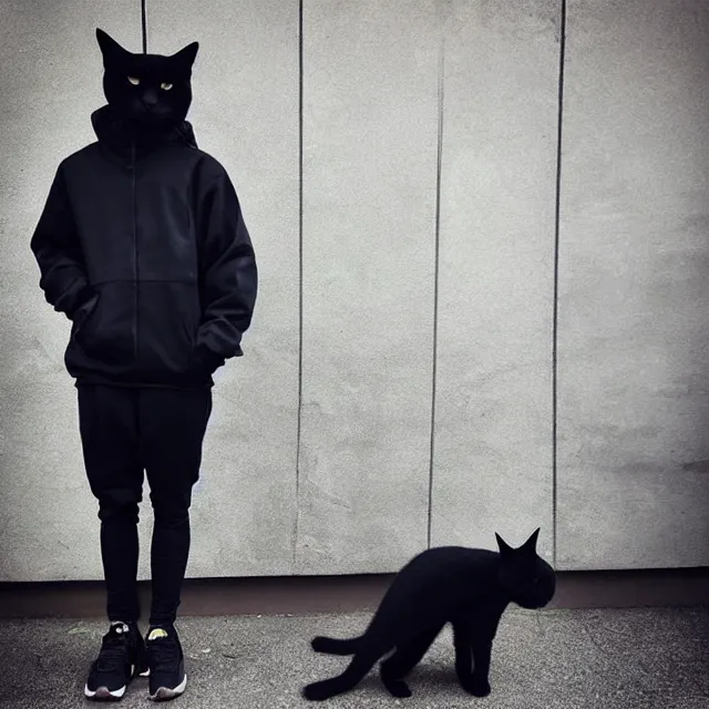 Image similar to a black cat wearing techwear, stylish, instagram, fashion design