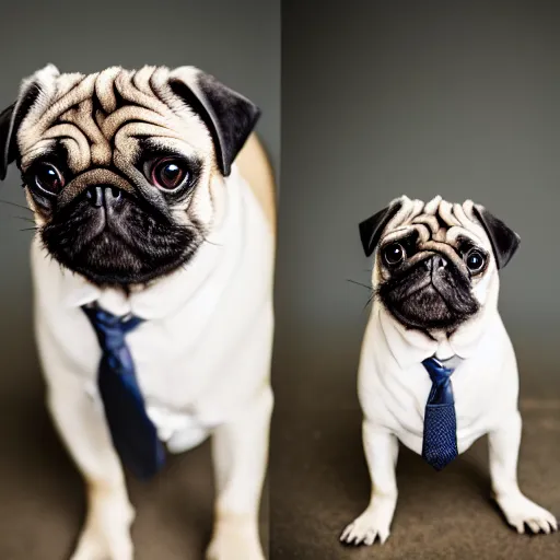 Image similar to pug in a suit, studio photography, canon r 6, cinematic light