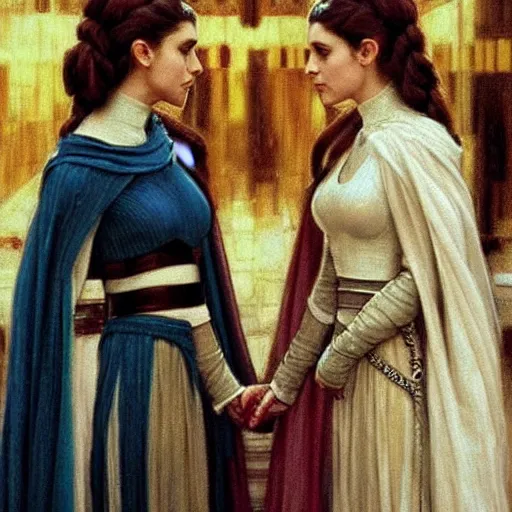 Prompt: !dream princess leia organa and queen padme amidala holding hands, perfect face, perfect body, flirty, full body portrait, drawn by john william waterhouse