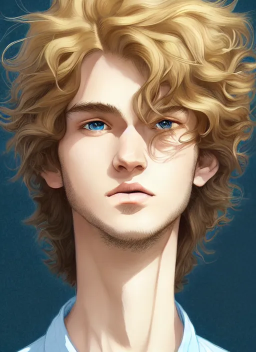 Image similar to young man with medium - length, curly, golden hair, sorrow, perfectly proportioned face, aquamarine eyes, natural lighting, path traced, highly detailed, high quality, cartoon, digital painting, by new haicheng and studio ghibli