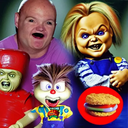 Image similar to hybrid of chucky and chuck e. cheese