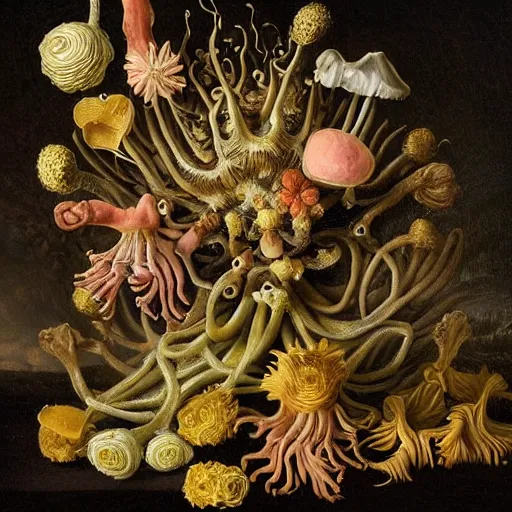 Prompt: disgusting disturbing dutch golden age bizarre mutant insect flower floral still life with many human toes realistic human toes blossoming everywhere very detailed fungus tumor disturbing tendrils bizarre slimy forms sprouting up everywhere by rachel ruysch black background chiaroscuro dramatic lighting perfect composition high definition 8 k 1 0 8 0 p