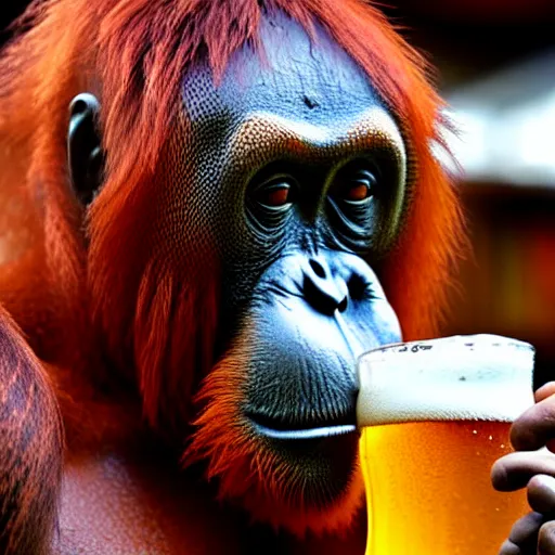 Prompt: orangutan at a pub with a pint of beer in his hand, highly detailed, realistic, beautiful composition, sharp focus, sharp focus