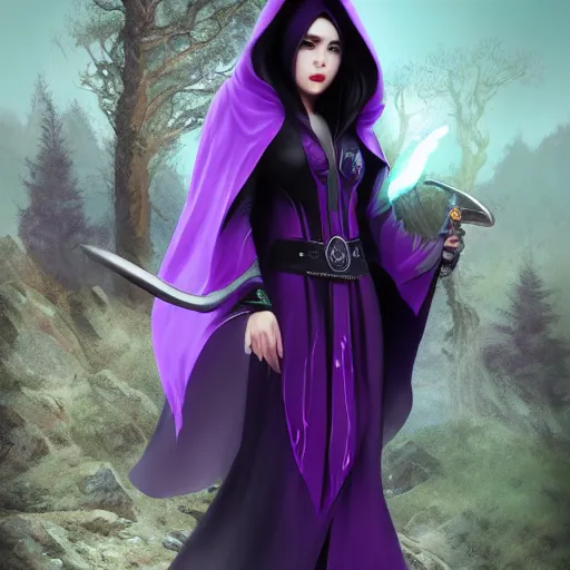 Prompt: female warlock long hood cloak purple, beautiful face purple eyes. fighting monster with magic, 8 k, trending on artstation by tooth wu