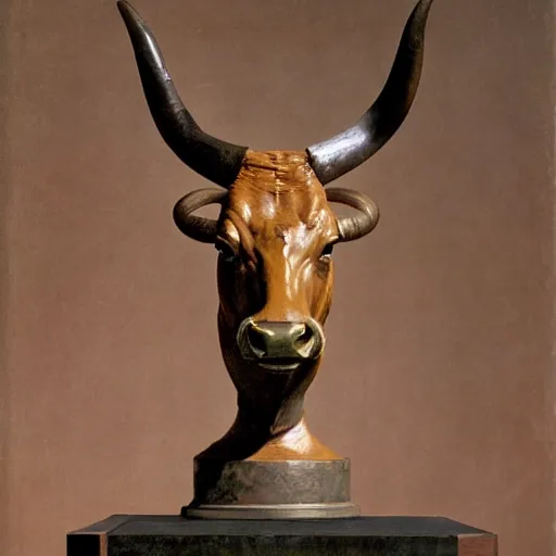 Prompt: professional color photograph of a patinated bronze portrait bust of an angry Texas Longhorn Bull supported by a bronze plinth, by (Auguste Rodin), (Jean-Leon Gerome), FREDERIC REMINGTON