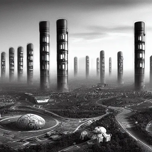 Prompt: A planetary city by Simon Stålenhag and Ansel Adams, black and white photo 4k