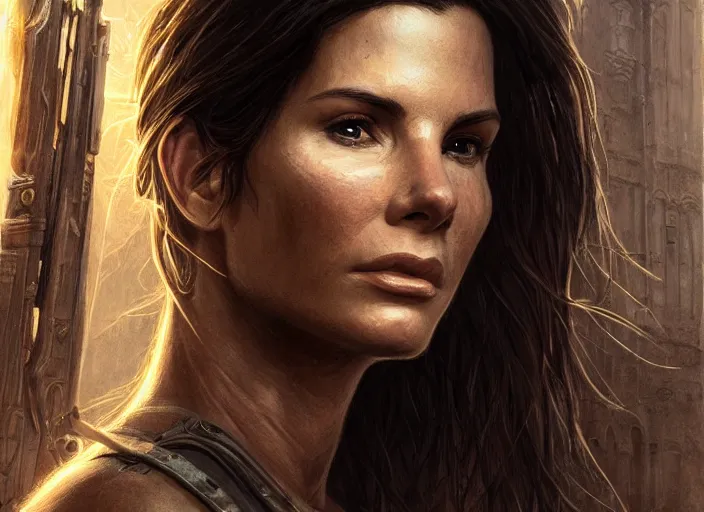 Image similar to face portrait of concentrated young Sandra Bullock as Lara Croft entering the large Minas Tirith gate, sun beams, intricate, elegant, highly detailed, centered, digital painting, artstation, concept art, smooth, sharp focus, illustration, Allan Lee, John Howe