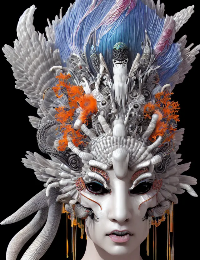 Image similar to 3 d goddess close - up profile portrait punk with mohawk with ram skull. beautiful intricately detailed japanese crow kitsune mask and clasical japanese kimono. betta fish, jellyfish phoenix, bio luminescent, plasma, ice, water, wind, creature, artwork by tooth wu and wlop and beeple and greg rutkowski