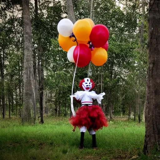 Image similar to pennywise clown hiding behind a tree watching little boy walking in a forest